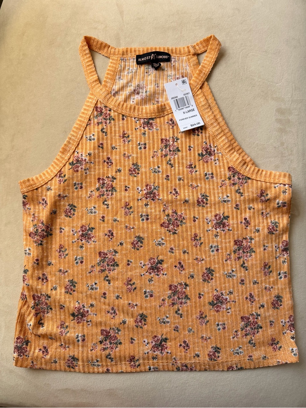 Almost Famous Orange Floral Ribbed Halter Tank